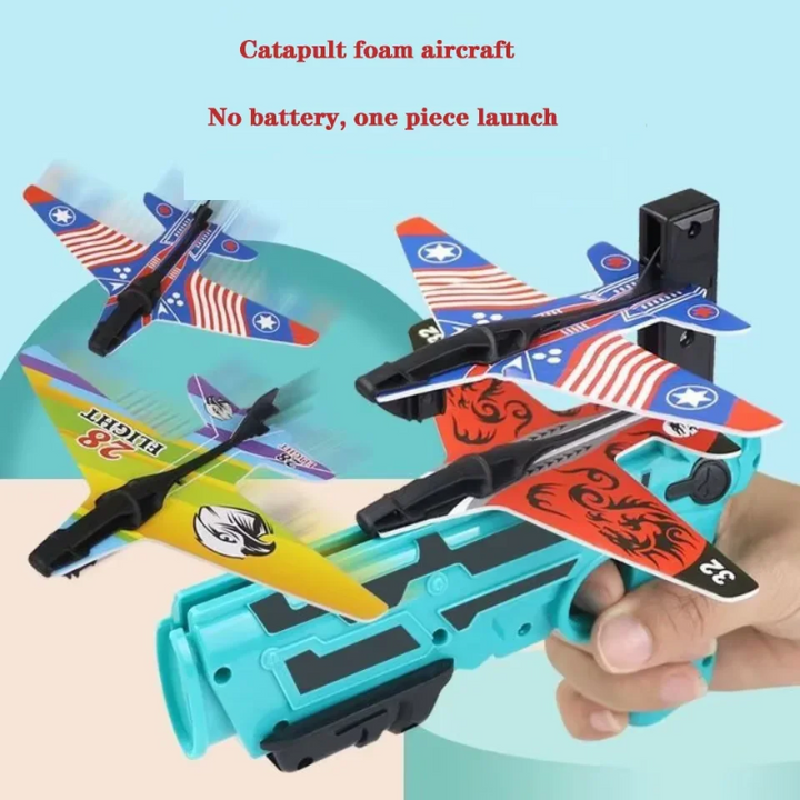Handheld blue spring launcher with colorful foam airplanes