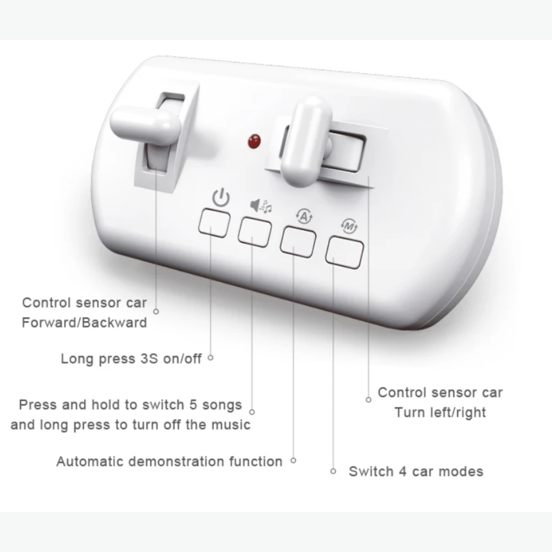White remote controller with labeled steering sticks, music controls and mode buttons