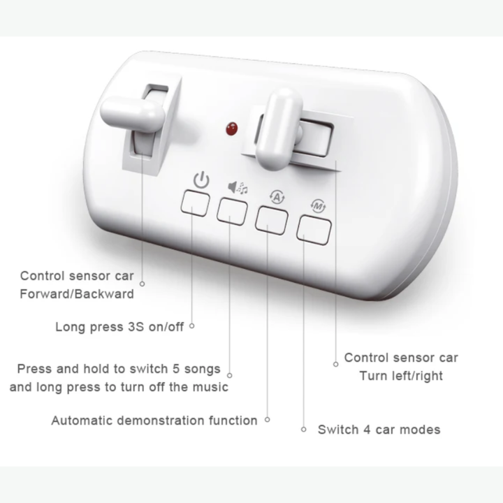 White remote controller with labeled steering sticks, music controls and mode buttons