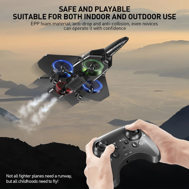 Hands holding a black wireless controller beneath an illuminated RC stunt plane.