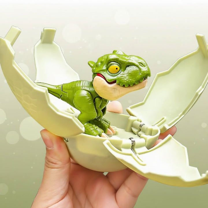 Hand holding a pale green egg shell opened around a green dinosaur figure