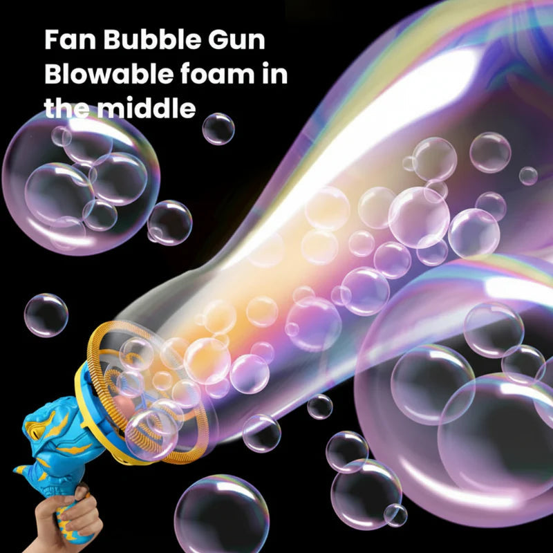 Handheld blue dinosaur bubble gun shown making a large bubble with smaller bubbles inside