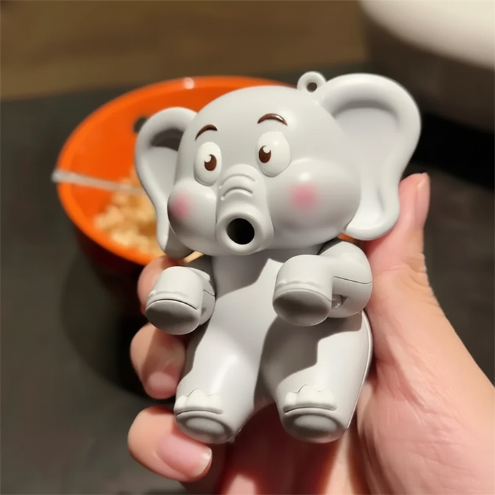 Gray elephant food cooling fan held in one hand beside a bowl of noodles