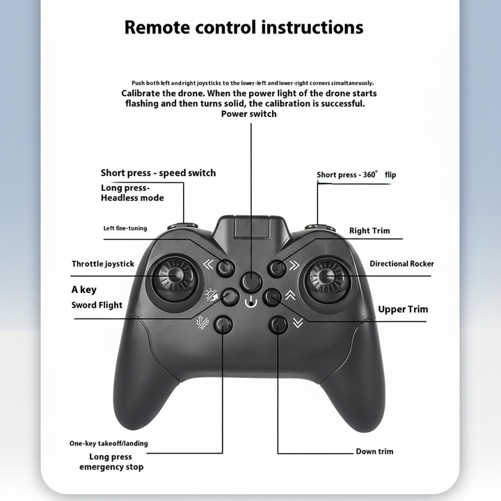 Handheld flying toy remote with labeled joysticks, trim buttons, and flight controls