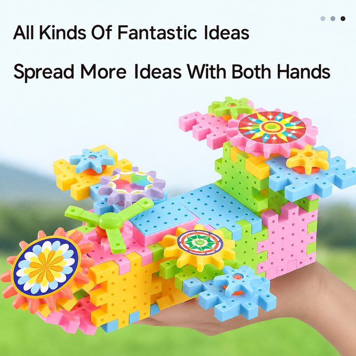 Hands holding a colorful block construction with interlocking panels and decorative gears.