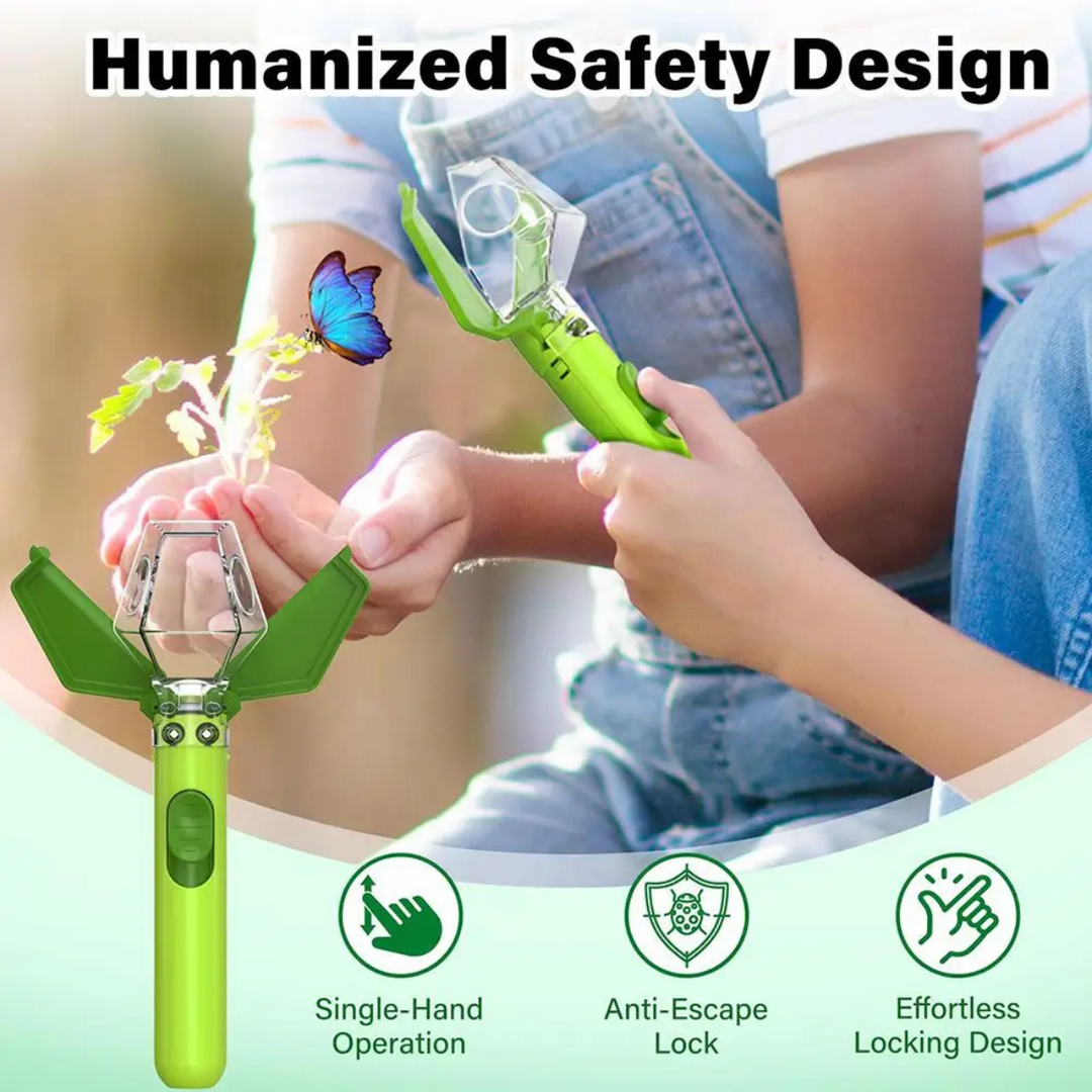 Hands holding green insect catchers with their transparent chambers open and closed