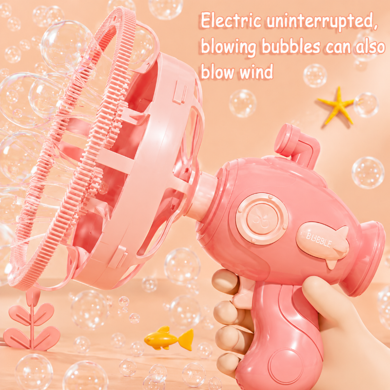 Hand gripping a pink bubble gun with bubbles around its nozzle head