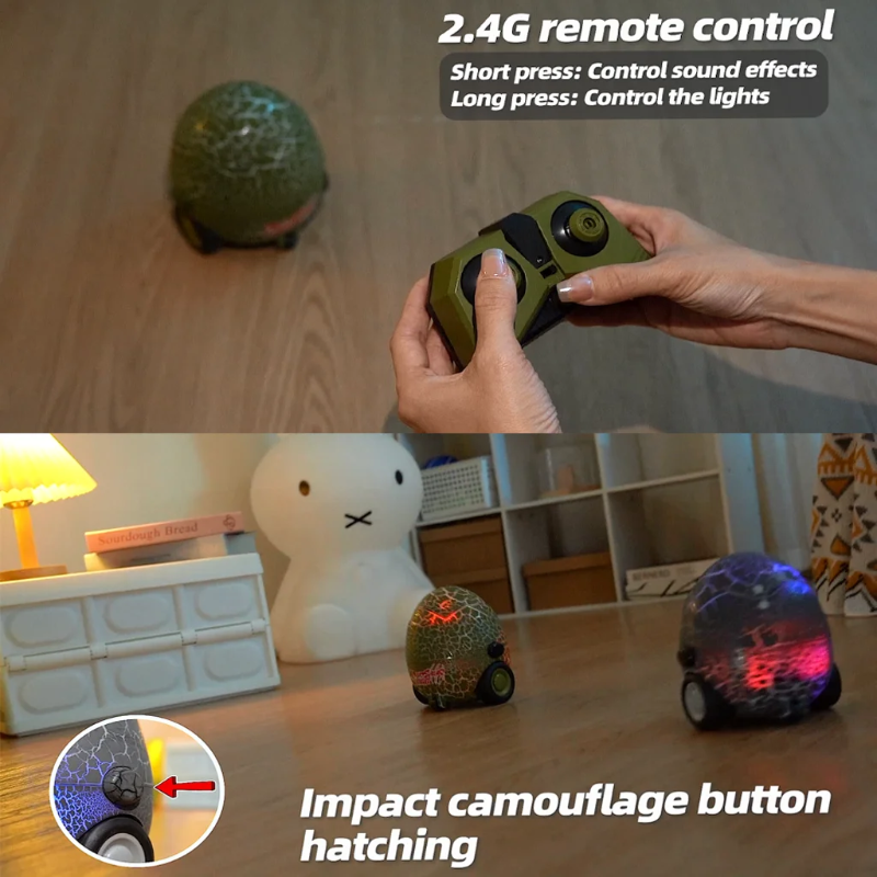 Handheld remote controlling a dinosaur egg car, with a close-up of the shell-opening button