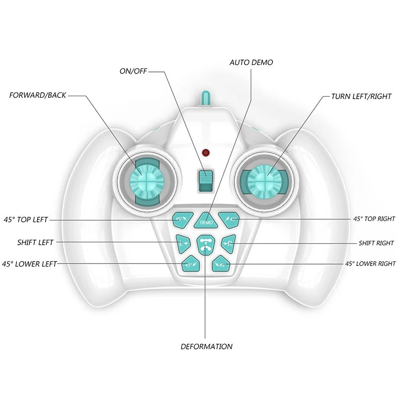 Handheld remote control diagram showing directional, shape-change, and auto-demo buttons
