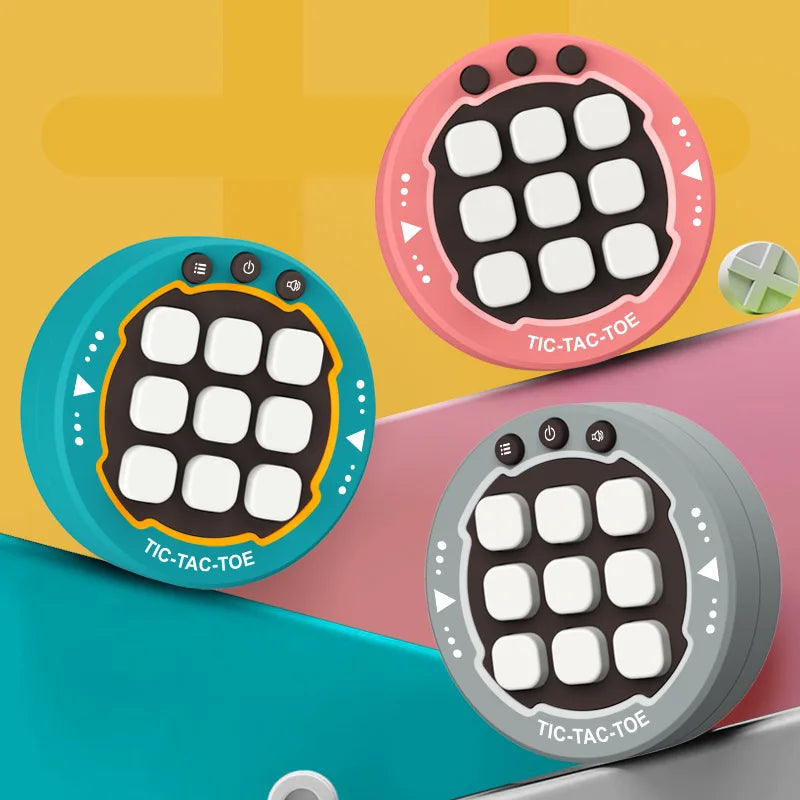 Green, pink, and gray electronic tic-tac-toe game options on colorful display blocks