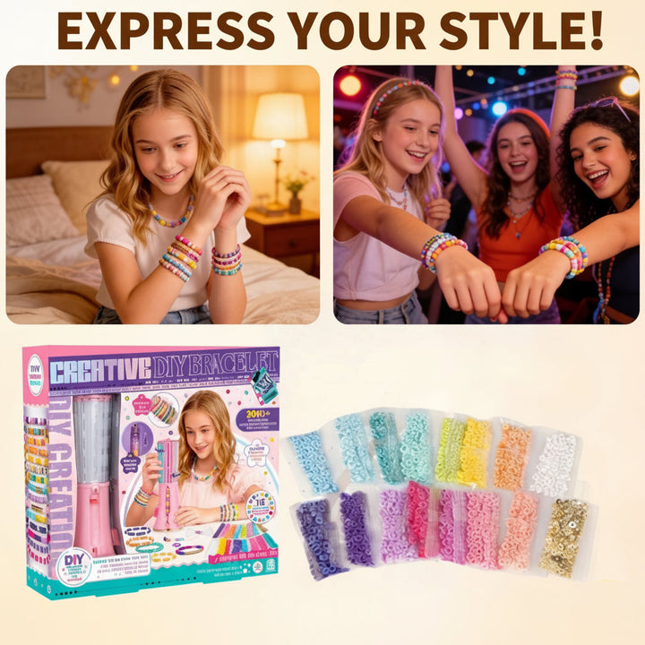 Children showing bead bracelets above kit packaging and packets of colorful beads