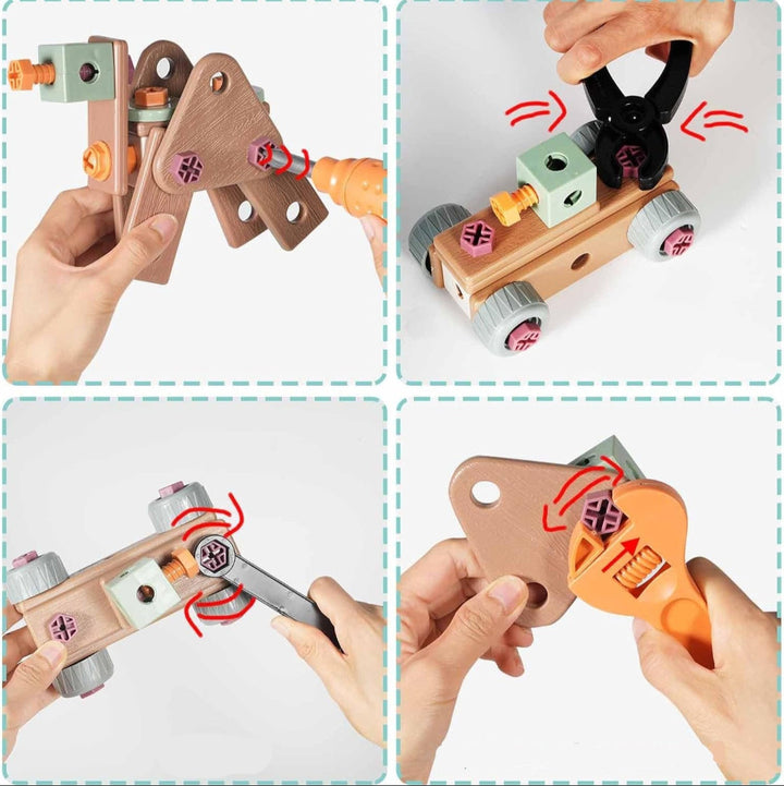 Hands using toy tools to tighten fasteners on building pieces and a wheeled model
