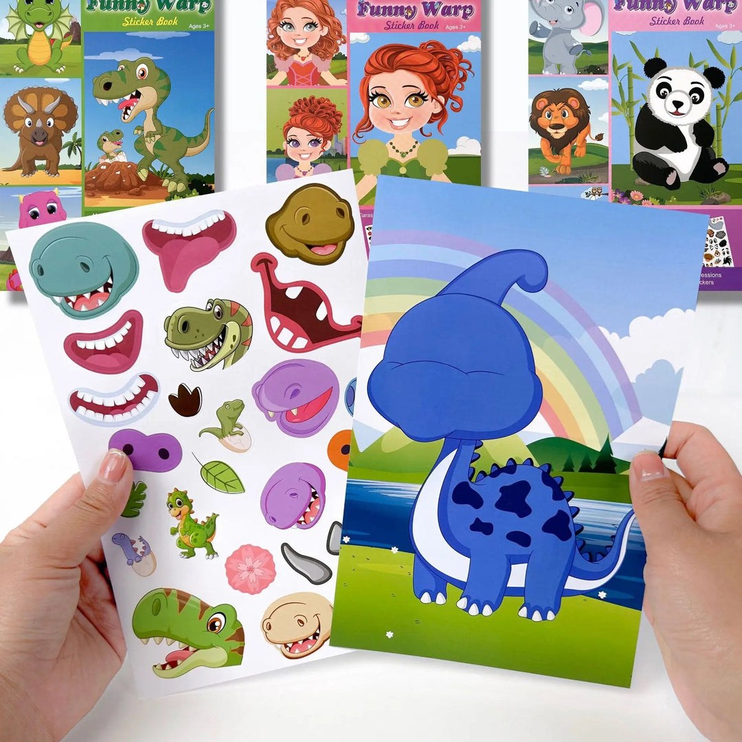 Hands holding a dinosaur scene card and sticker sheet with themed books in the background