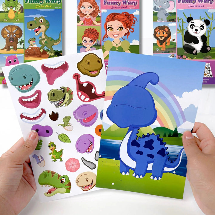 Hands holding a dinosaur scene card and sticker sheet with themed books in the background