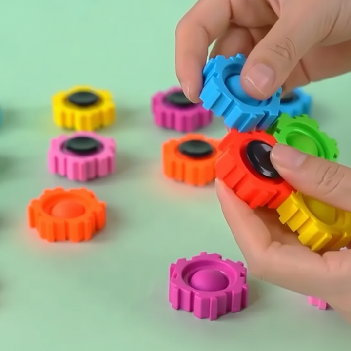 Hands joining blue and red gears, with extra colorful pieces on the table.
