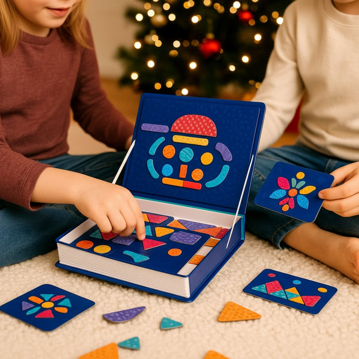 Hands arranging colorful magnetic shapes beside pattern cards