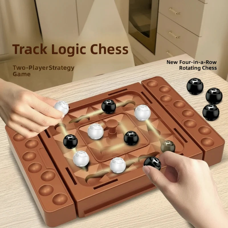 Two players moving black and white pieces on a brown strategy board with side holders