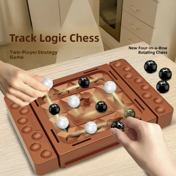 Two players moving black and white pieces on a brown strategy board with side holders