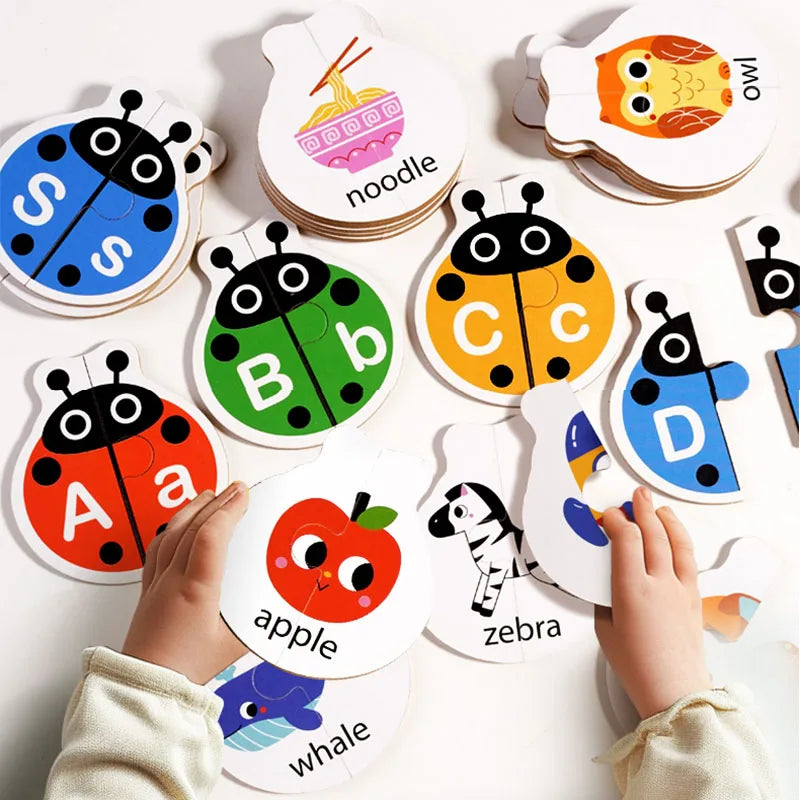 Child exploring letter and picture puzzles, including apple and zebra illustrations