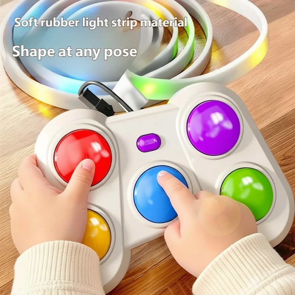 Hands pressing red and blue game buttons beside a coiled multicolor light strip