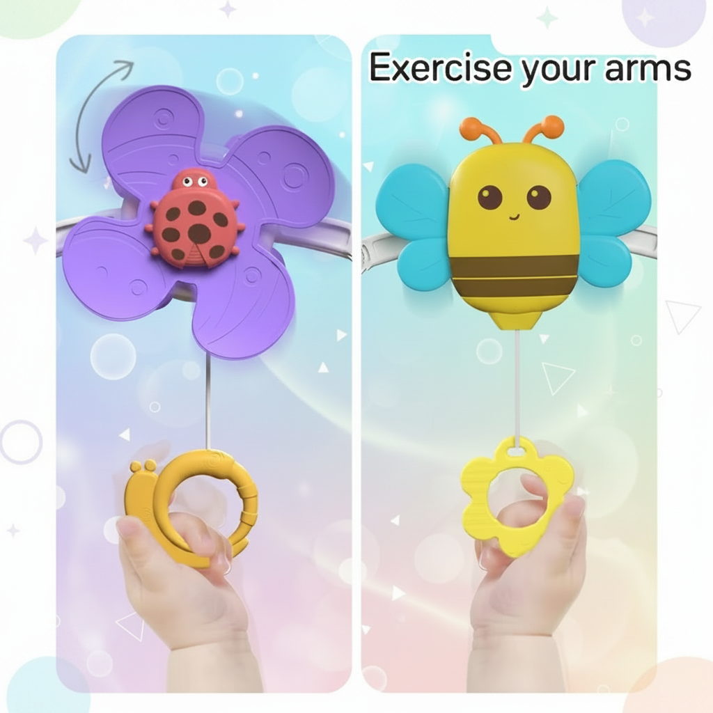 Hands pulling the hanging rings beneath the flower and bee toys