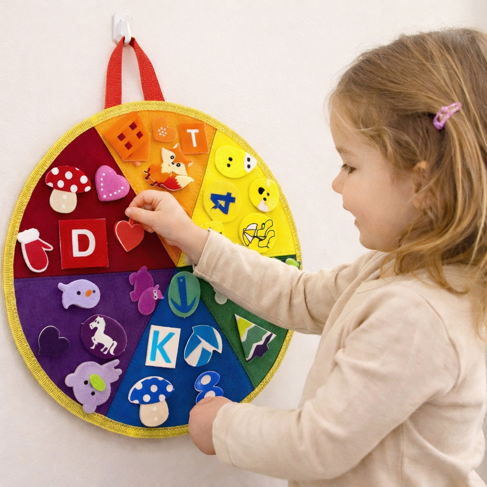 Child placing a red felt piece on a rainbow sorting board hanging by its handle
