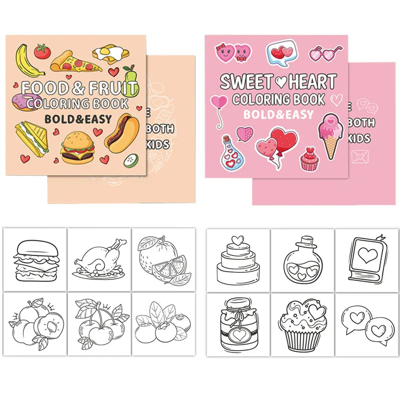 Love and Food & Drink coloring book covers with sample heart, dessert, and food drawings