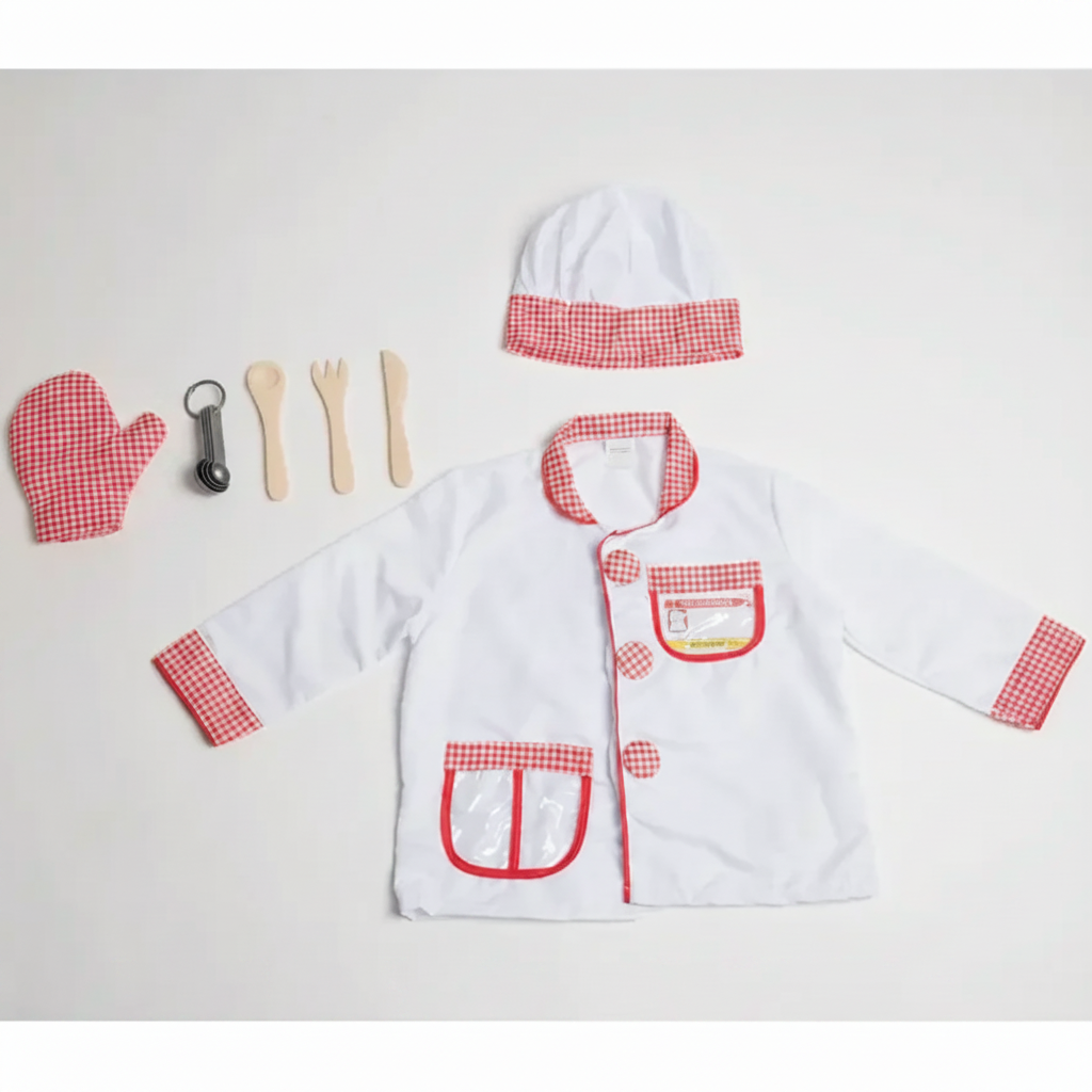 White chef coat with red checked trim, matching hat, oven mitt, and play kitchen utensils.
