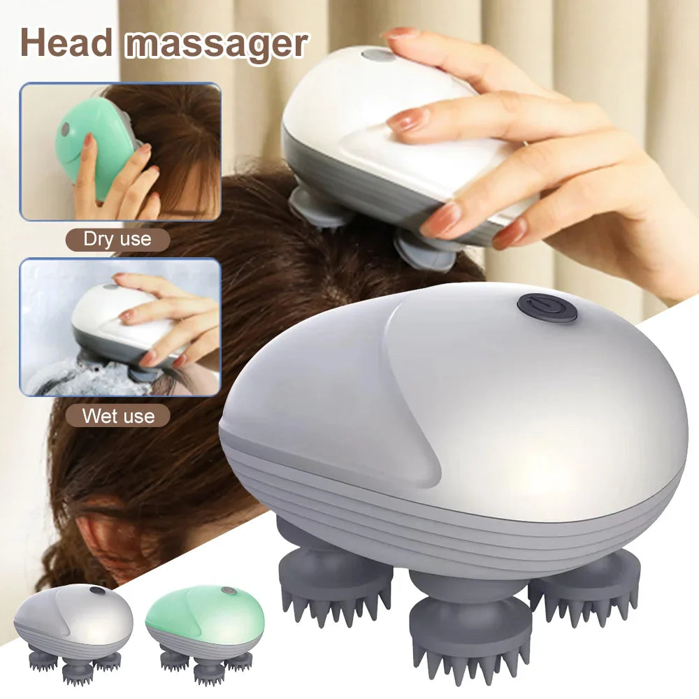 White and green head massagers with examples of handheld scalp massage.