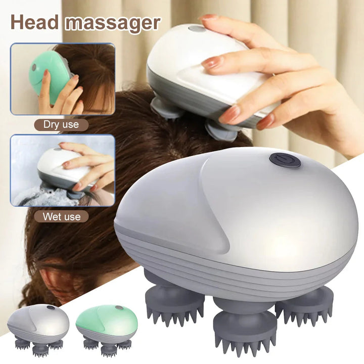 White and green head massagers with examples of handheld scalp massage.