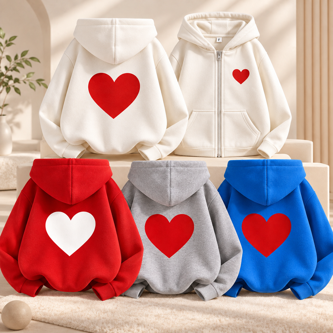 Kids' heart-print zip-up hoodies displayed in several colors with front and back views