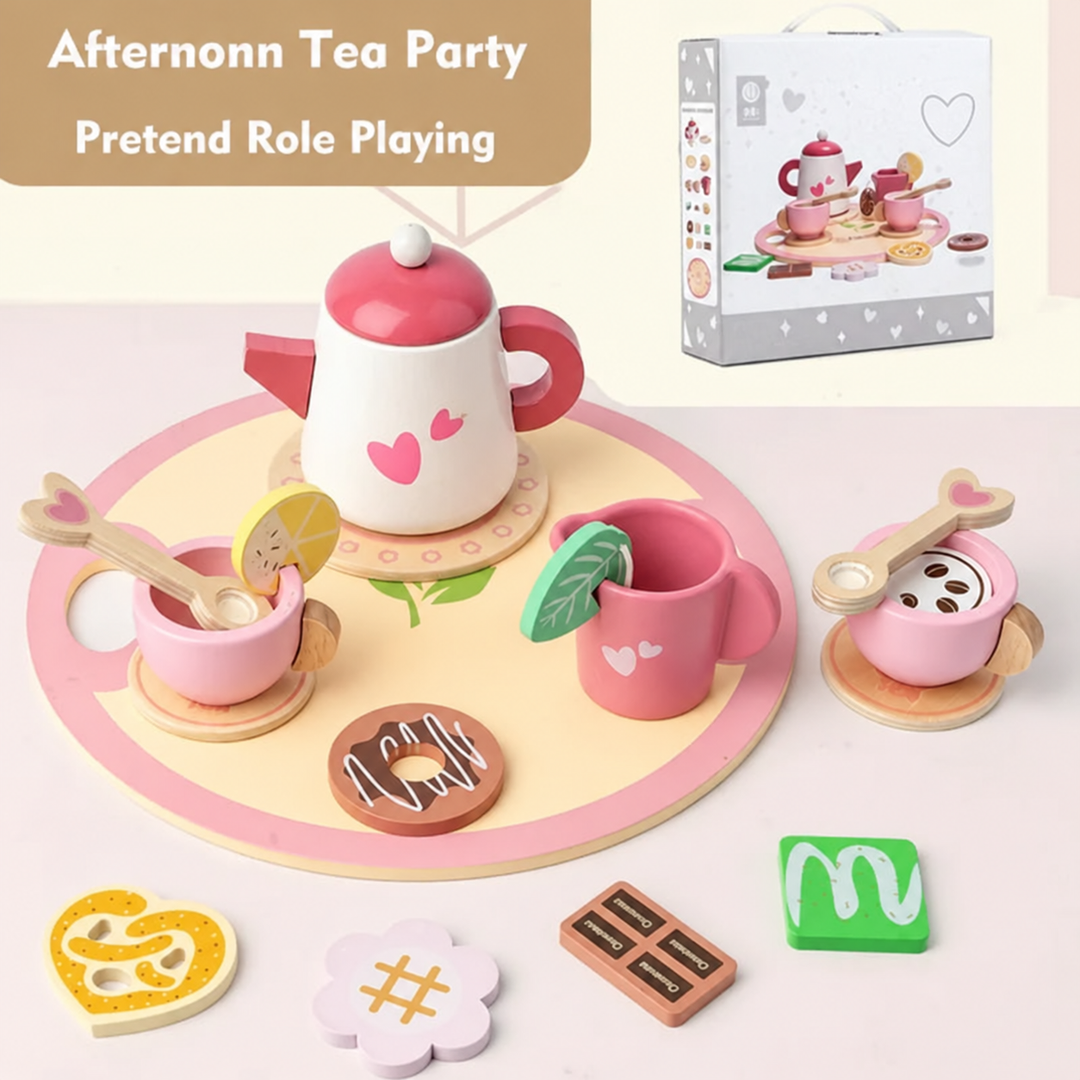 Pink heart-pattern wooden tea set with a teapot, cups, play treats, and matching box