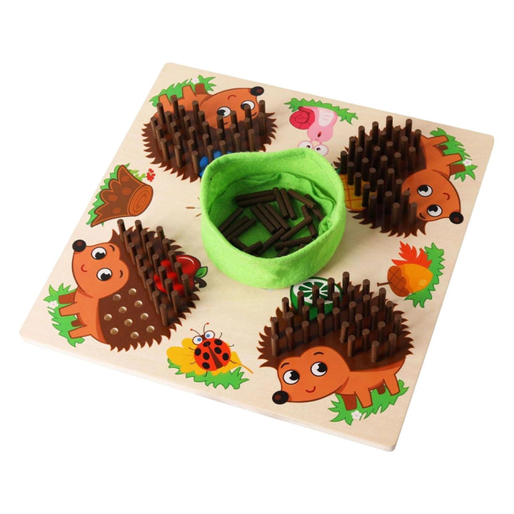 Wooden addition board with four hedgehogs, counting sticks, and a green fabric tray