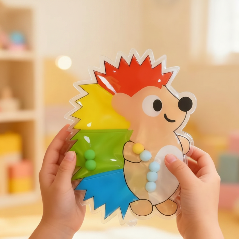 Hands holding a hedgehog gel bead maze with colorful spines