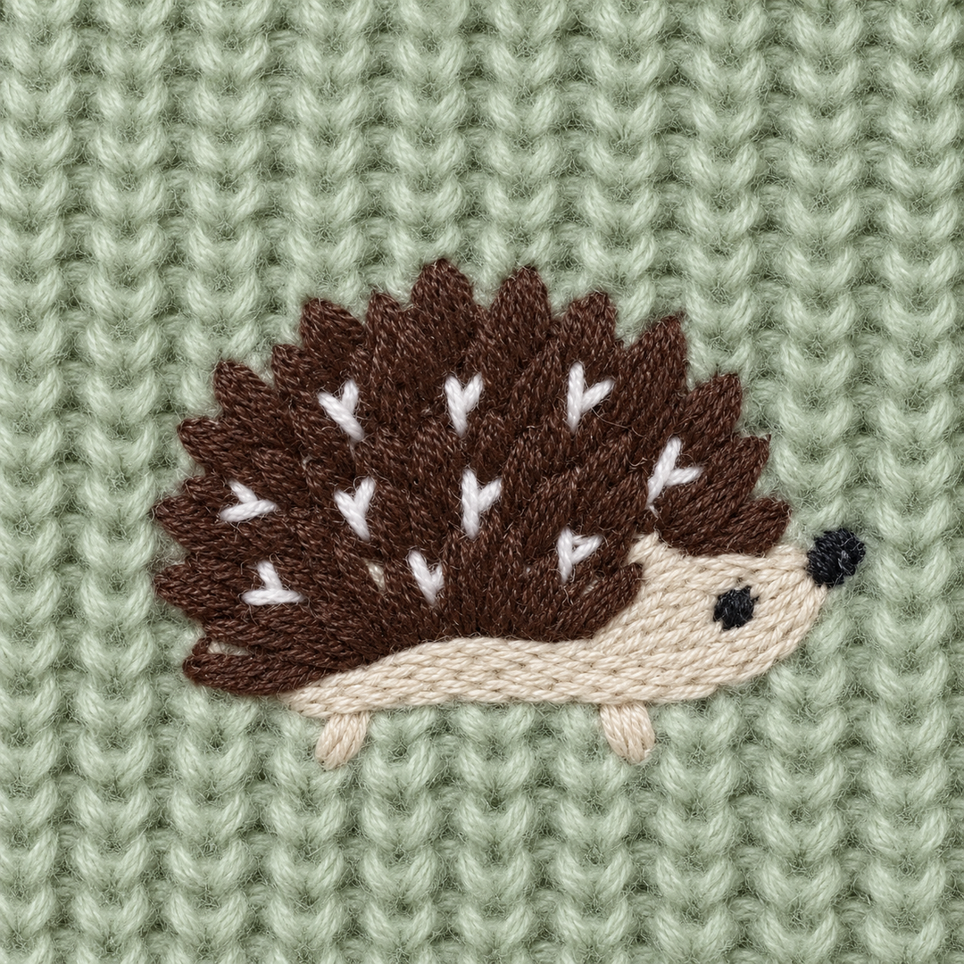 Brown hedgehog motif on textured green knit fabric.