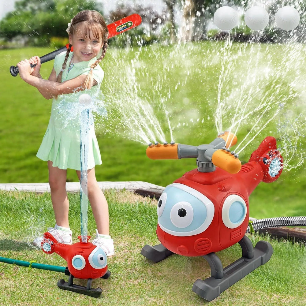 Child using a helicopter water tee beside a close-up of the rotating sprinkler attachment
