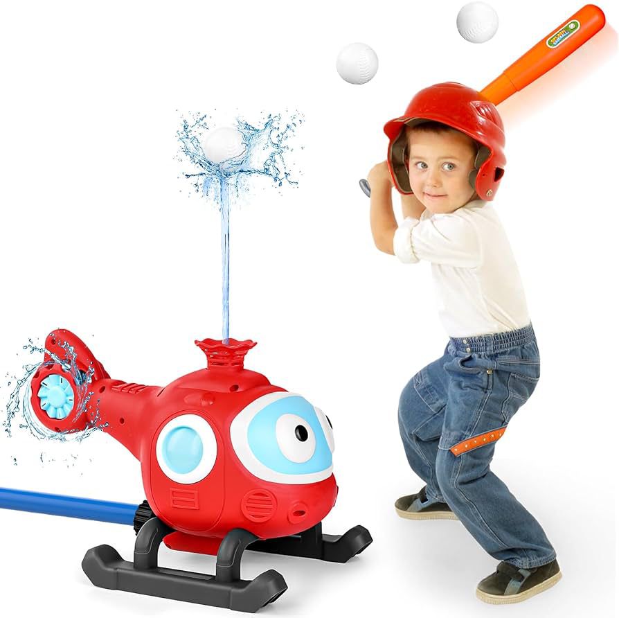 Child holding an orange bat beside a red helicopter sprinkler with a ball balanced on a water jet