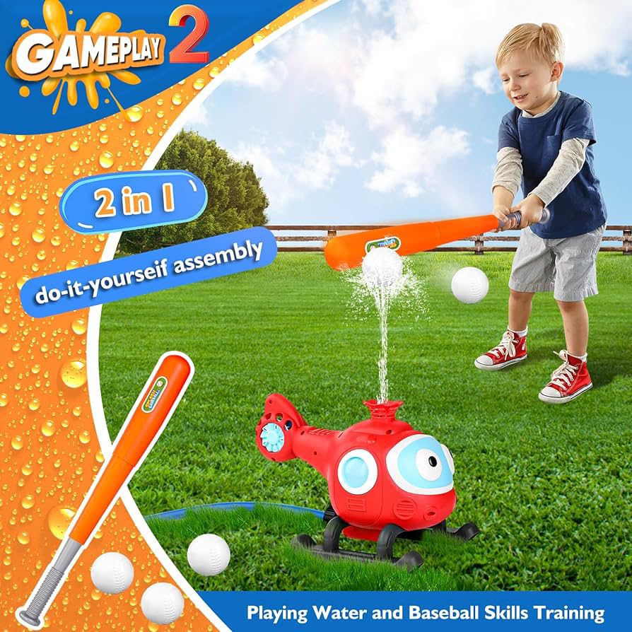 Backyard batting scene with a helicopter water tee, an orange bat, and white balls