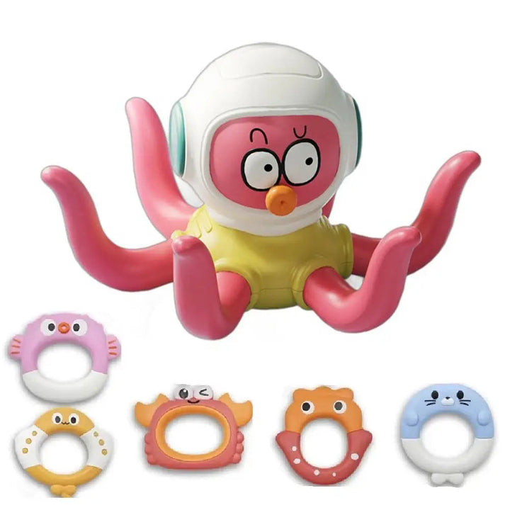 Pink octopus toy wearing a white helmet, with five character-shaped rings arranged below