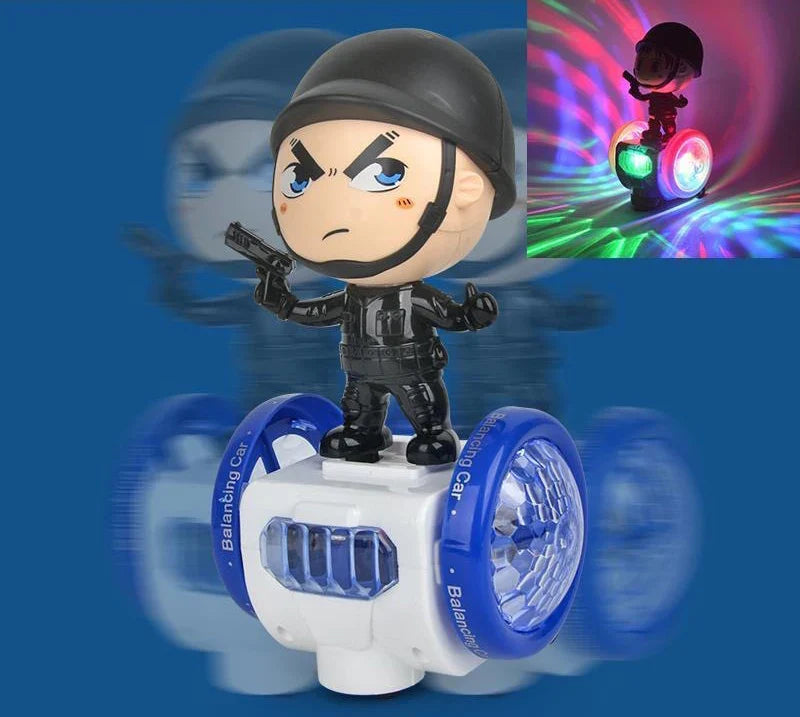 White character toy car shown with motion effects and an inset of its colored light patterns