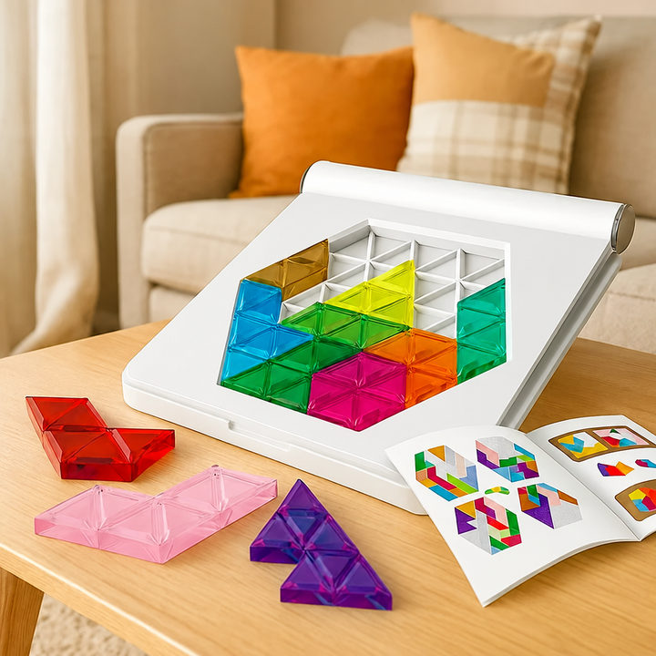 Hexagon puzzle layout with translucent pieces, loose shapes, and an activity booklet on a wooden table