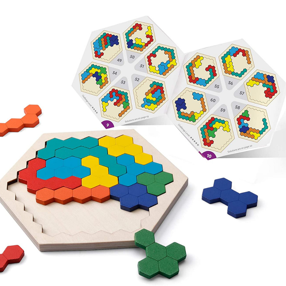 Partly filled hexagonal wooden tray with colorful geometric pieces and illustrated pattern guides.
