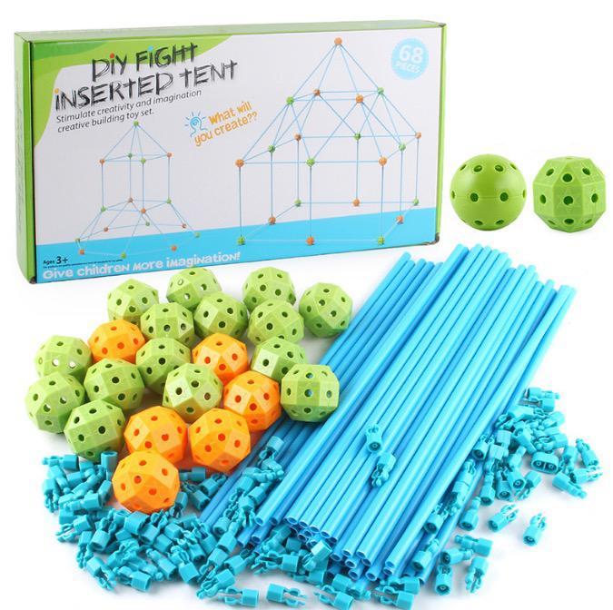 68-piece fort building kit with blue poles, green and orange connector balls, and a box