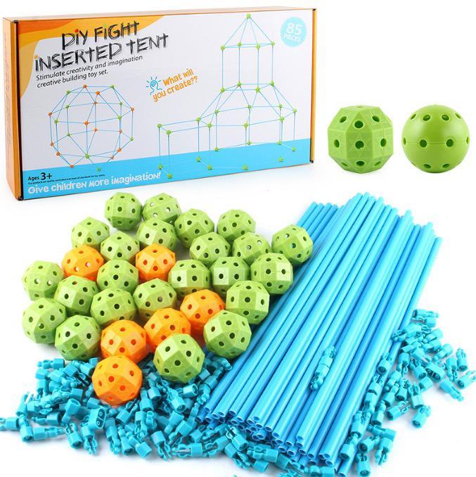 85-piece fort building kit with blue poles, green and orange connector balls, and a box
