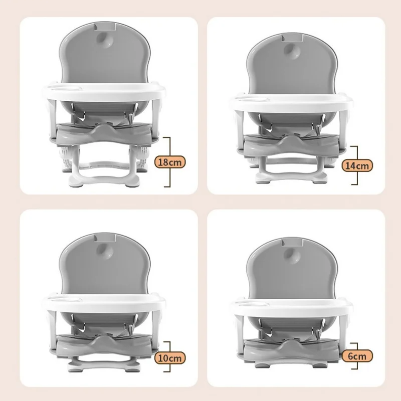 Gray high chair at four seat-height settings labeled 18, 14, 10, and 6 cm