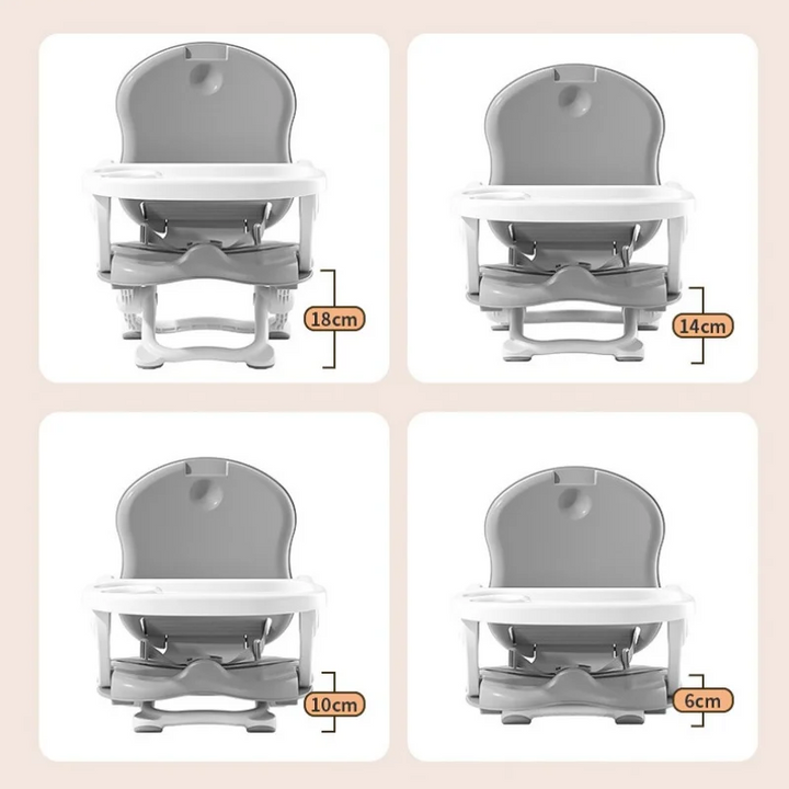 Gray high chair at four seat-height settings labeled 18, 14, 10, and 6 cm
