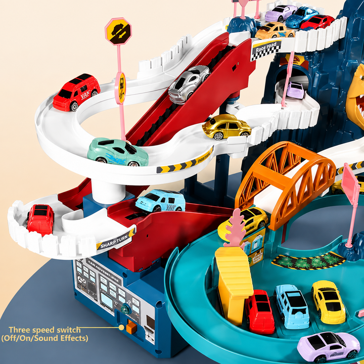 Highway playset detail showing elevated curves, an orange bridge, and colorful toy cars.