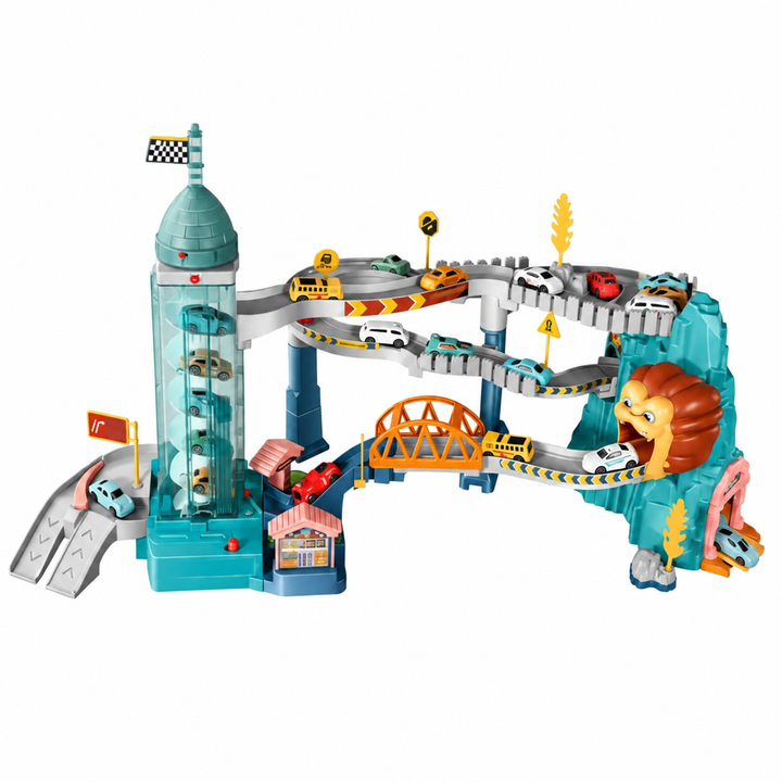 Highway version with a clear lift tower, orange bridge, raised track, and lion-mouth tunnel.