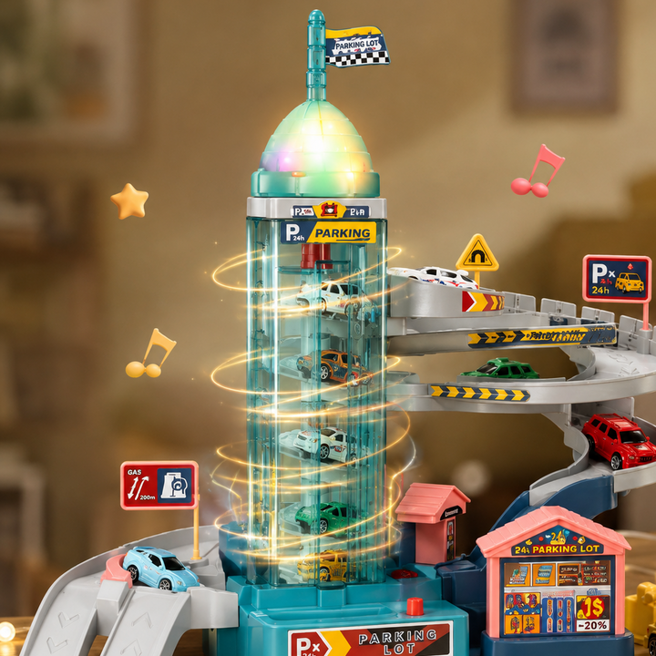 Highway lift tower shown with a glowing dome beside elevated car lanes.