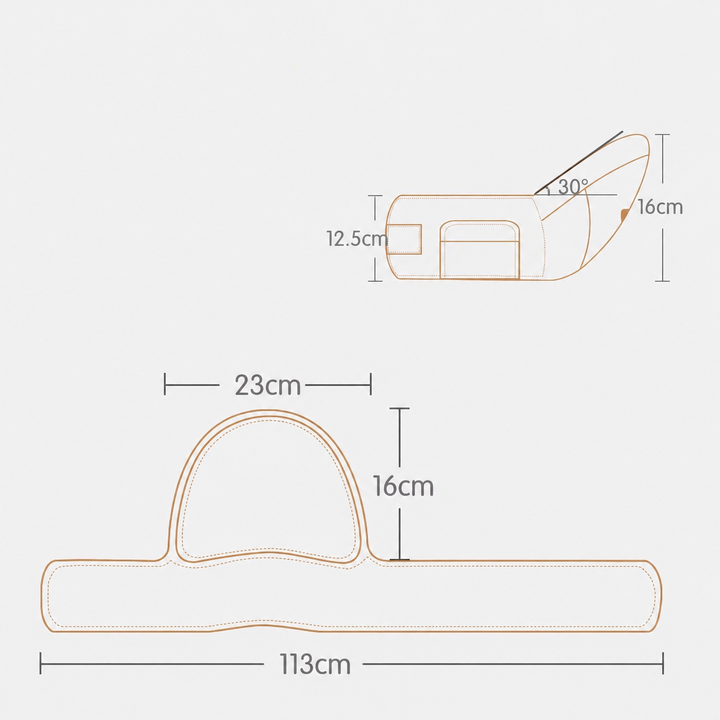 Hip carry seat measurement diagram showing the waist belt, seat height, and angled sitting surface